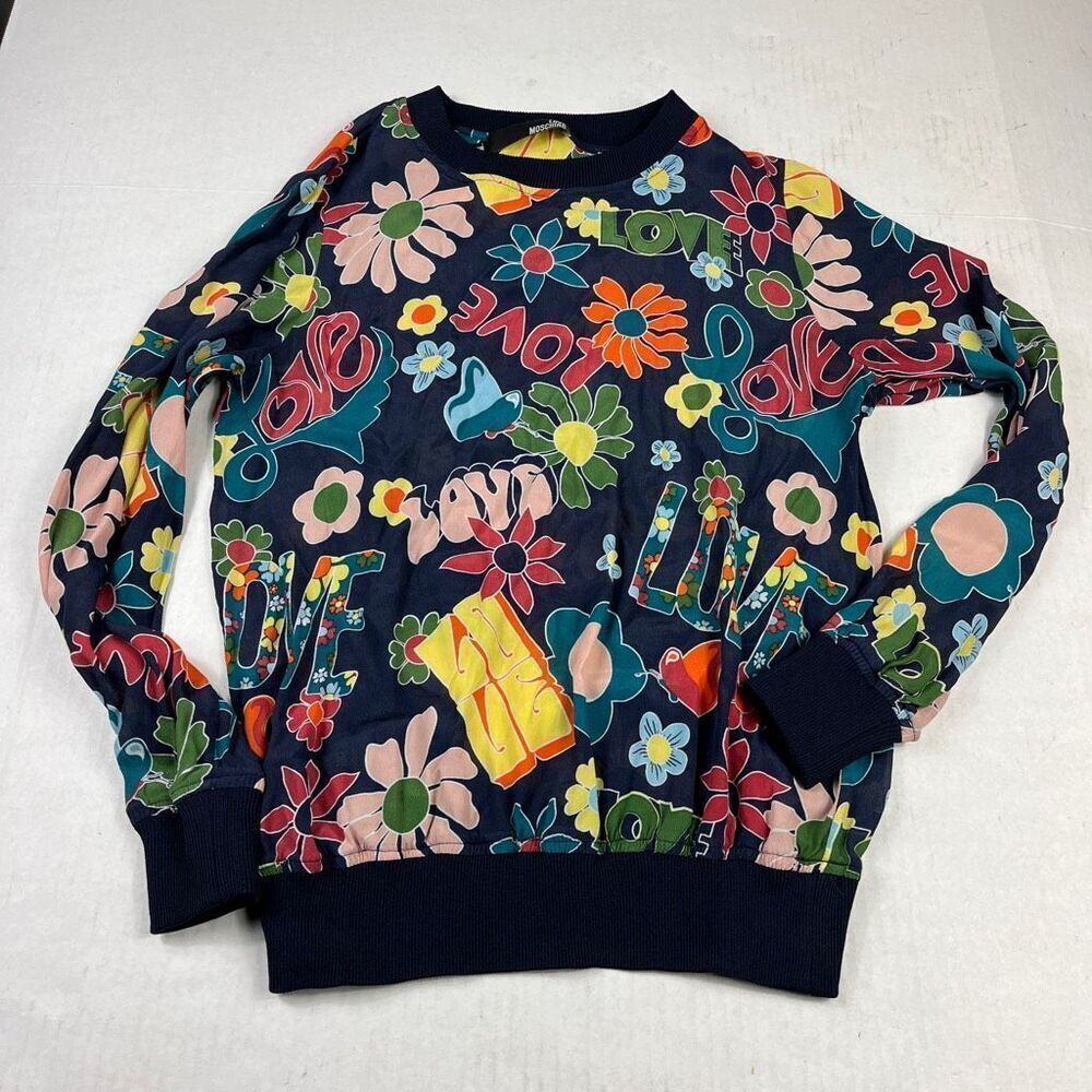 Love Moschino Silk Blend Blouse Floral Retro 70s Print Top Long Sleeve Size 2